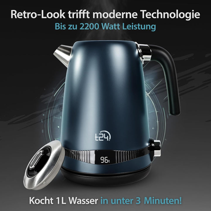 T24 Edelstahl Wasserkocher 1,7 L mit 7 einstellbaren Temperatureinstufen 2200W LCD Display | Kalk-Fi