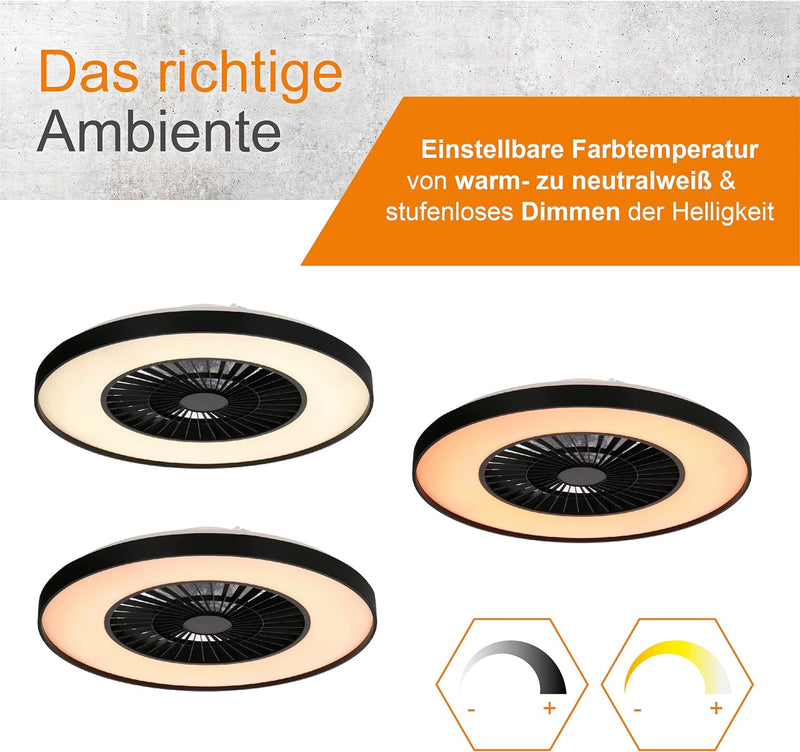 Proventa Deckenventilator mit Beleuchtung 60W - Ø 60cm, dimmbare LED Deckenleuchte mit Ventilator, w