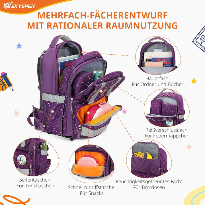 SKYSPER Schulranzen-Set 5-teilig, Schulrucksack Ergonomischer Tragesystem 16L Schulranzen mit 360° R