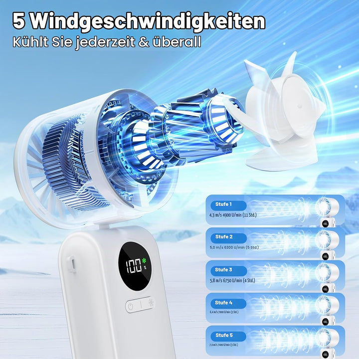 Handventilator mit Eiskompressorfunktion, Tragbarer Mini Ventilator, Leistungsstarker Handventilator