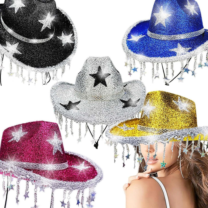 Glitzer Cowboyhut mit Pailletten Sternen & Fransen - Funkelnder Westernhut Disco Partyhut für Damen
