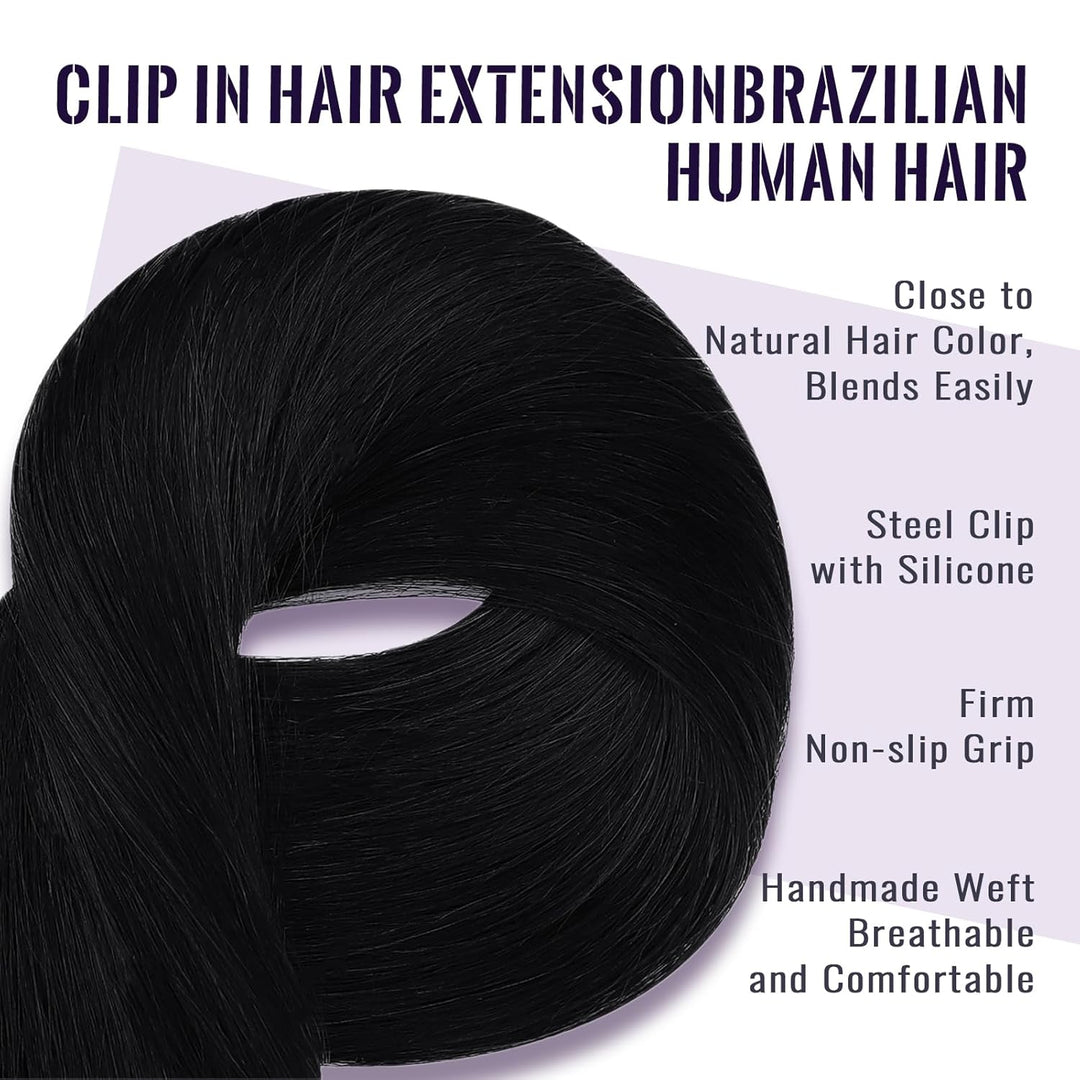 Clip in Extensions Echthaar Natürlich Schwarz, 30 cm, 50 g 3 Stücke, Glatt & Seidig, Echthaar Extens
