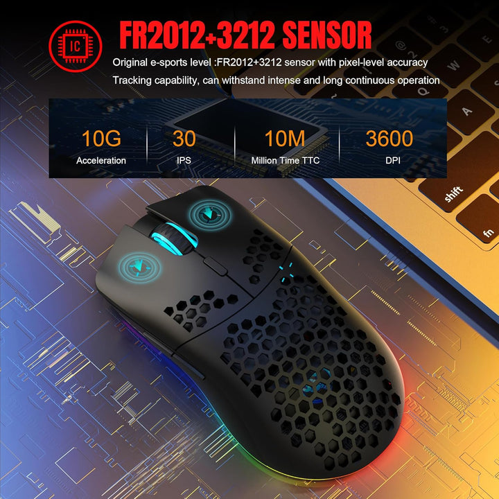 T66 PC Gaming Mouse, BT/2.4G Wireless/Wired, Lightweight Honeycomb Shell, Macro Program, Cool RGB Li