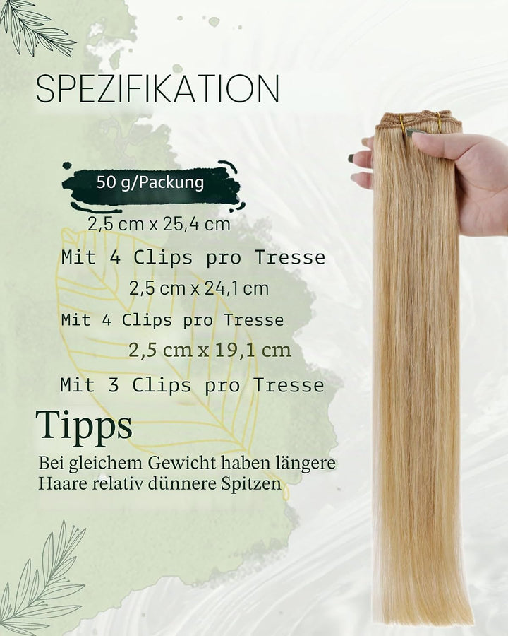 RUNATURE Remy Clip Extensions Echthaar Highlighted Blond 35cm Clip Echthaar Haarverlängerung Unsicht