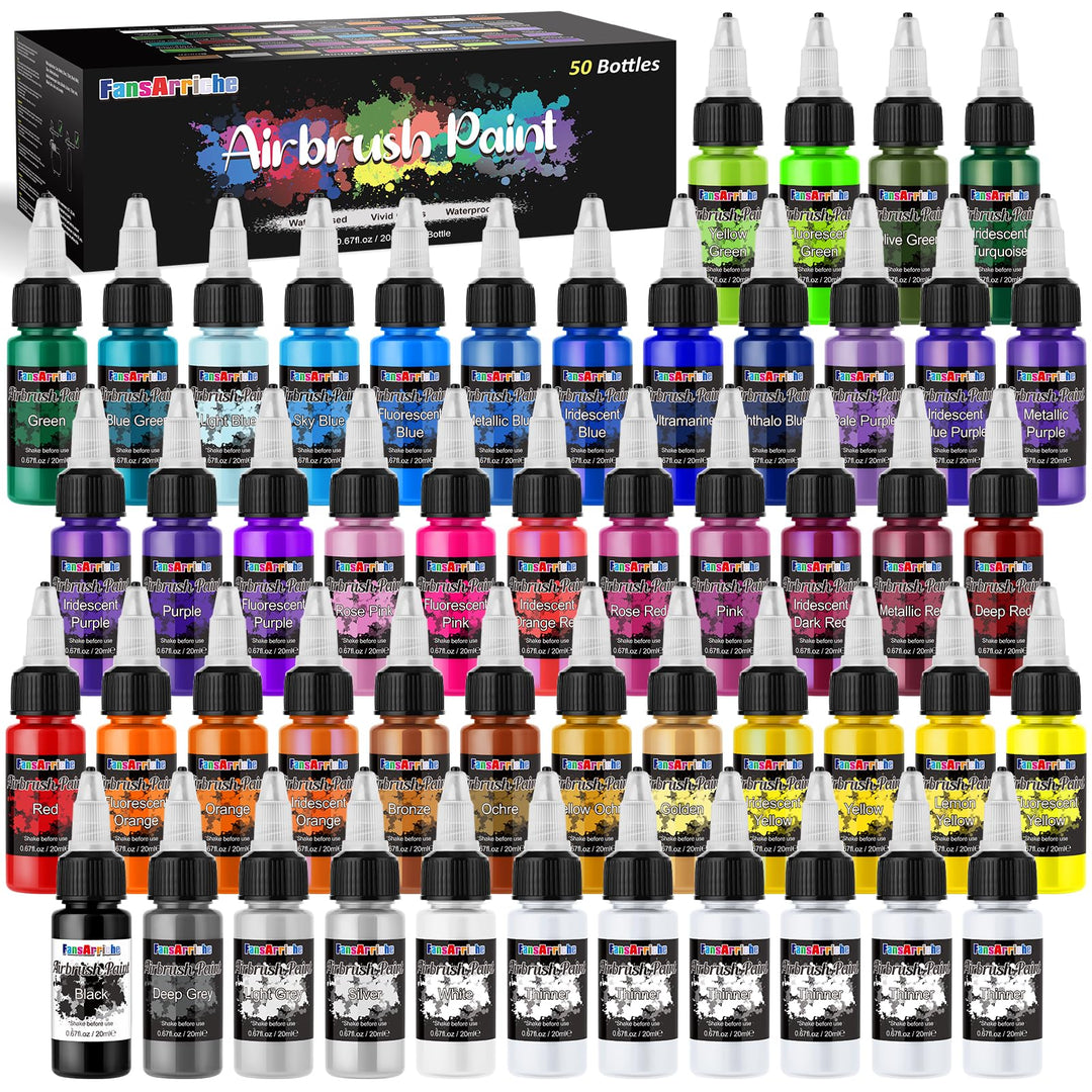 FansArriche Airbrush Farbe, 44 Farben+6 Verdünner, Acryl-Luftpinsel-Set, blickdichte und neon Farben