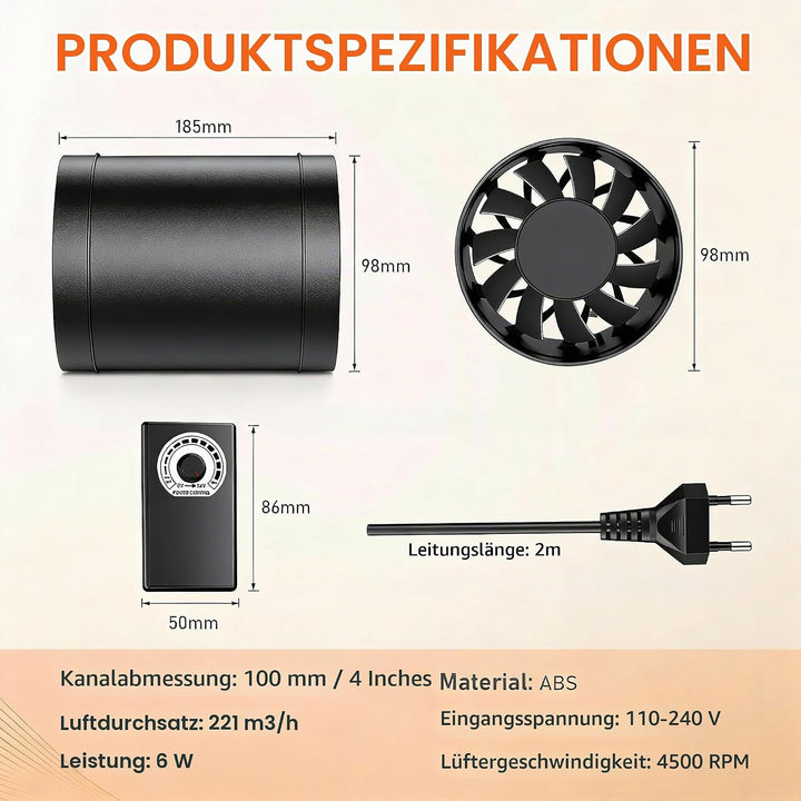 100mm Inline-Rohrventilator Regelbar, 221 m³/h Rohrlüfter für Effiziente Luftzirkulation, Leiser Abl