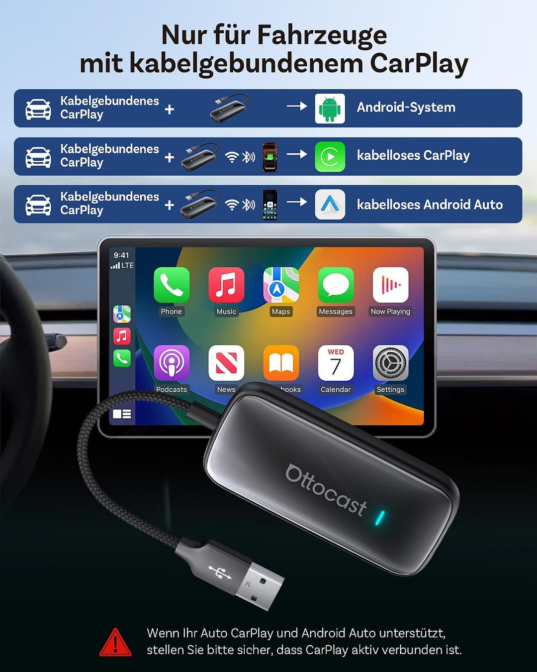 OTTOCAST Play2video Ultra, 2026 Kabelloser CarPlay &amp; Android Auto Adapter
