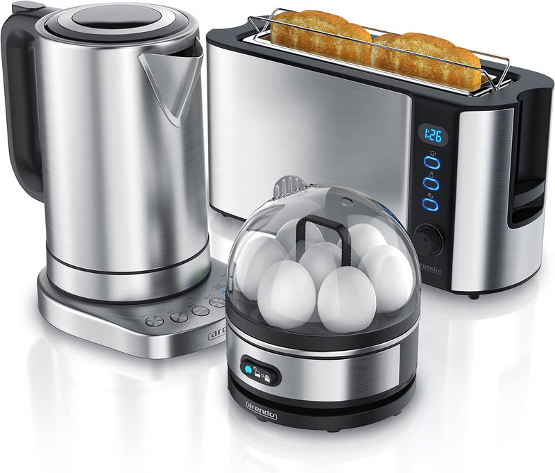 Arendo - Edelstahl Wasserkocher + Basisstation mit Temperatureinstellung + Edelstahl 1000W Toaster +