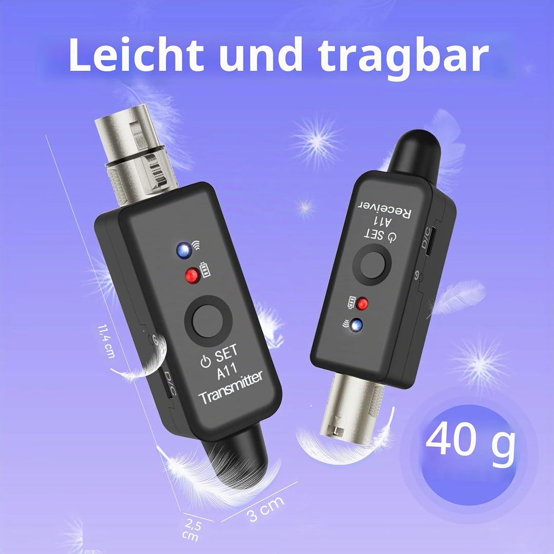 A11 2,4GHz Drahtloses Mikrofon-System – Transmitter &amp; Receiver mit 4 Kanälen, Plug-on XLR-Adapter, g