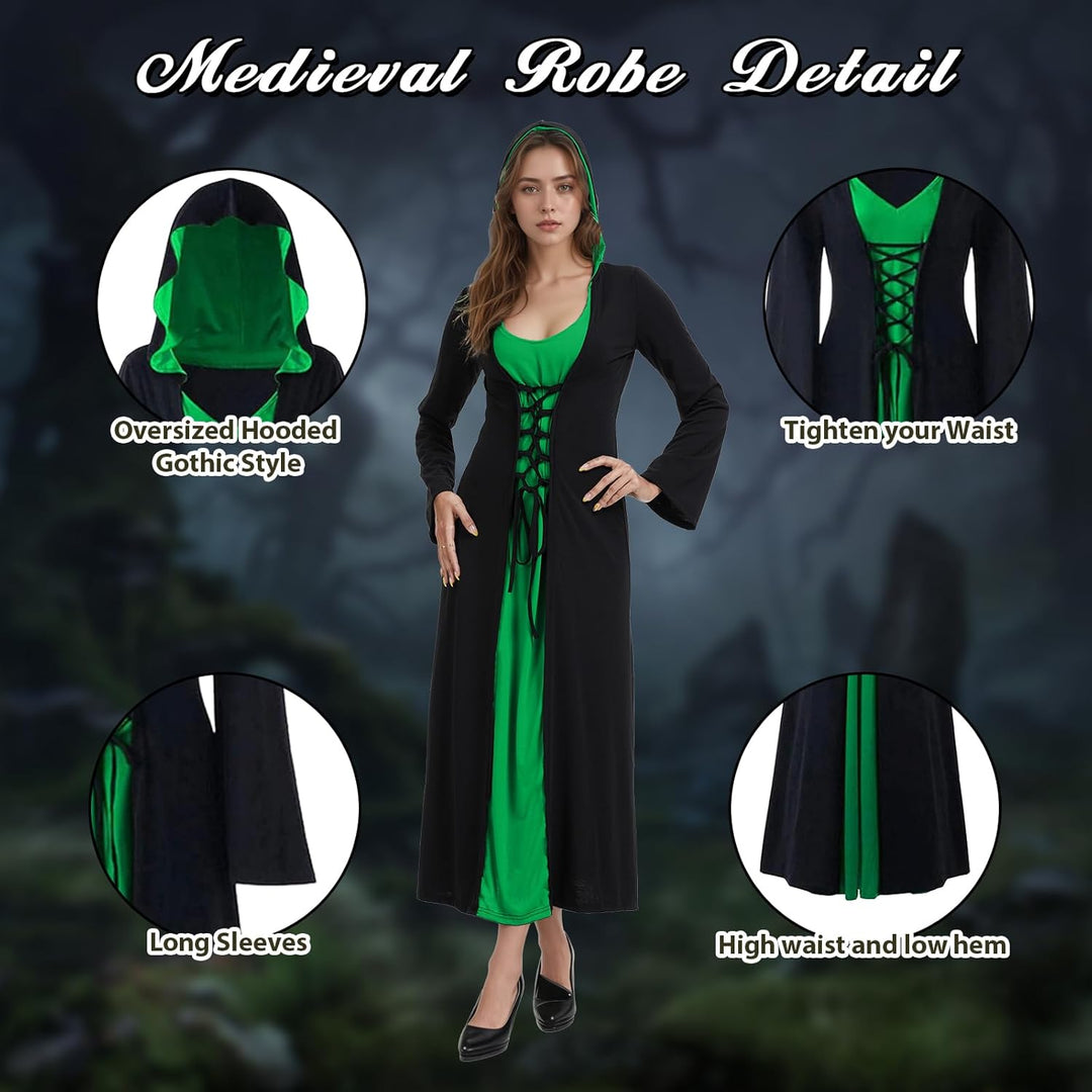 FSUJWOA Frauen Halloween Kostüme für Erwachsene mittelalterlich Kapuze Maxi Kleid für Frauen Mode Ro