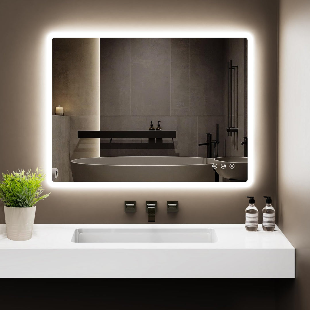 Badezimmerspiegel Led Badspiegel 80x60 cm, Rechteckig, Touch-Schalter, Dimmbar, 3 Lichtfarbe Einstel