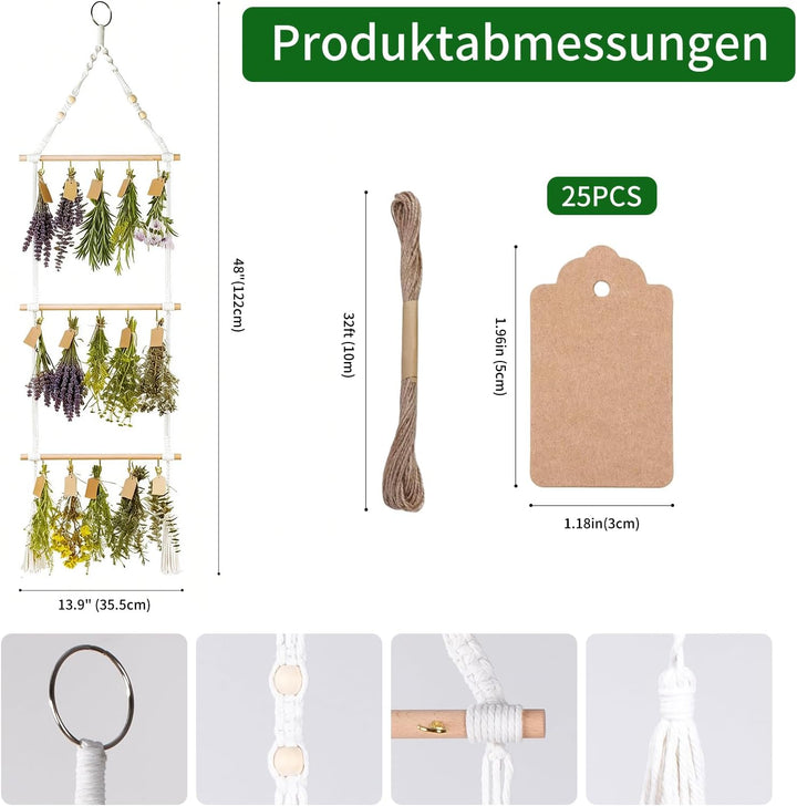 3-Etagen Hängekraut-Trockengestell mit 25 Geschenkanhängern & 10m Juteschnur - Handgewebte Blumen- &