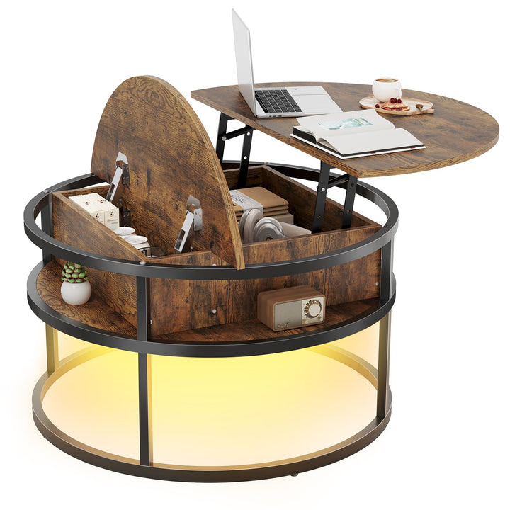 Dripex Couchtisch Rund, 81cm Durchmesser, Höhenverstellbar Beistelltisch mit Verstecktem Stauraum, W