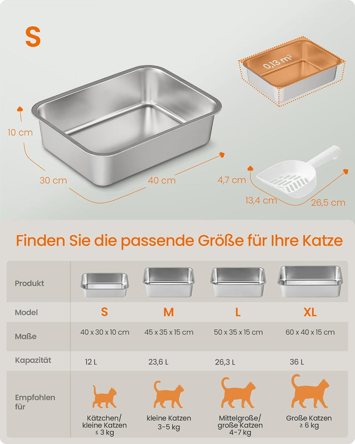 Feandrea Katzenklo Edelstahl, Katzentoilette offen, mit Schaufel, antihaftbeschichtet, geruchsfrei,