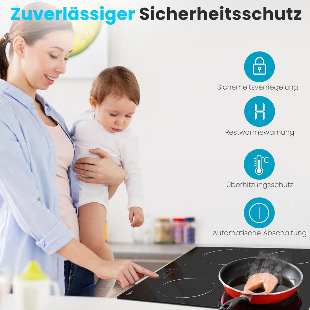 Glaskeramikkochfeld 4 Zonen Kochfelder Sensor-touch Control Kochfeld Autark 60cm, 6000W, 9 Leistungs