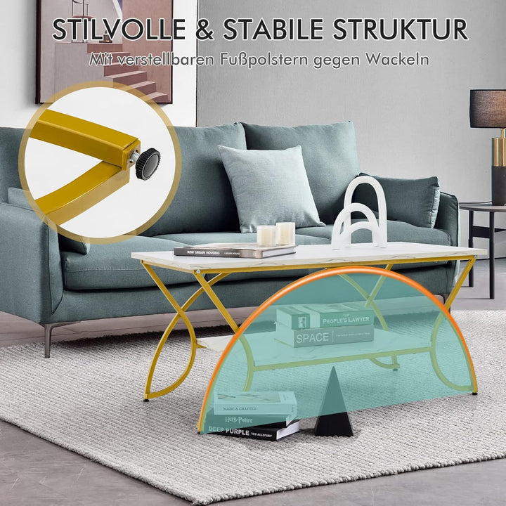 COSTWAY Couchtisch Marmor Optik, Kaffeetisch mit Ablage und Metallgestell, Wohnzimmertisch, Beistell