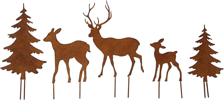 Gartenstecker Deko Rehe und Hirsche mit 2 Tannen in Rostpotik 5er Set - Weihnachtsdeko zum Basteln -