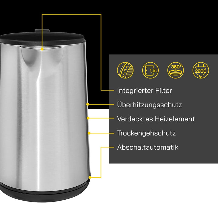 Wasserkocher WATER 3020 | 1,5 Liter | Elektrischer Wasserkocher mit Filter | 2200 W | Doppelwandiges