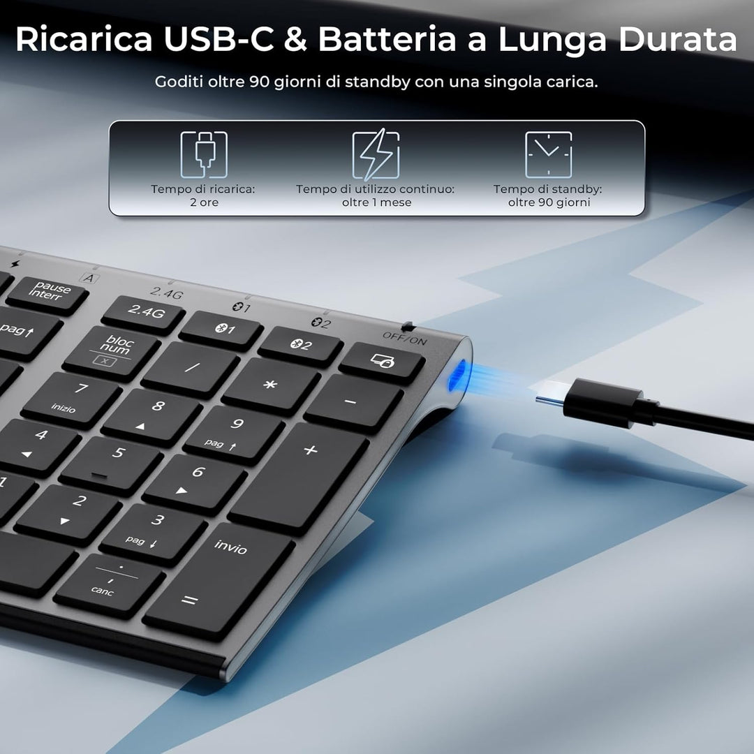 iClever Kabellose Bluetooth-Tastatur und Maus, Dual-Modus (Bluetooth + 2,4 G), wiederaufladbar, ital