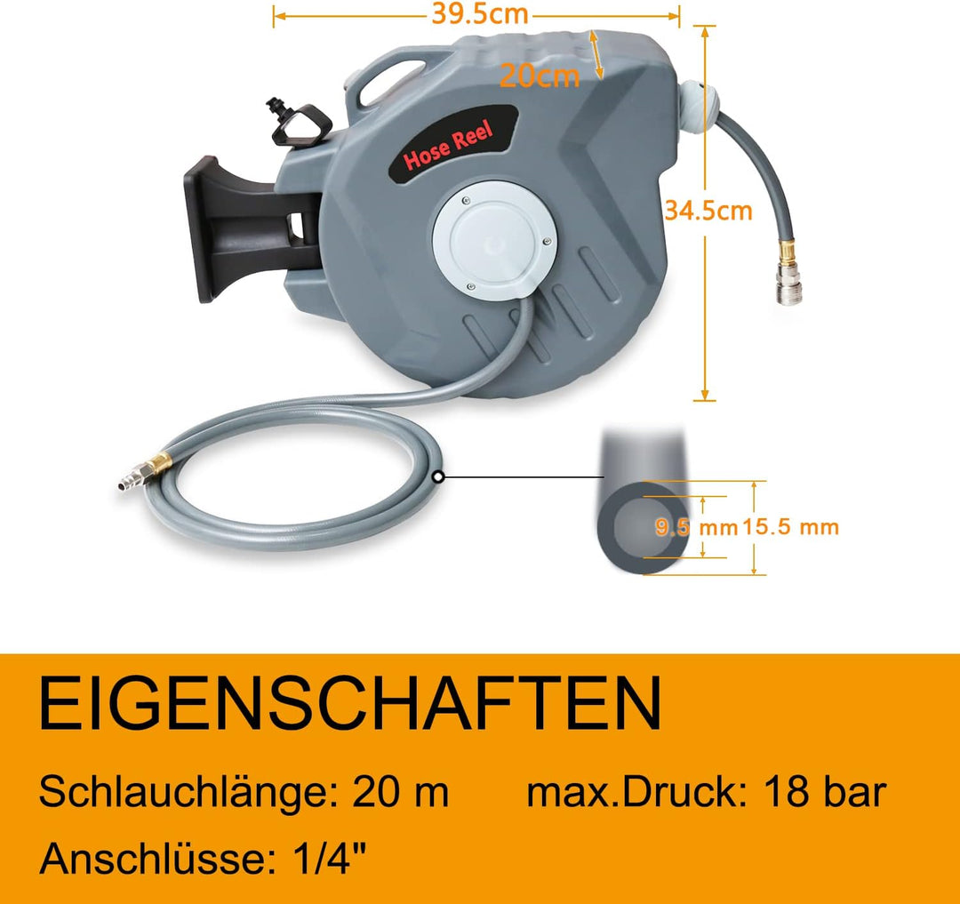 Druckluftschlauch Aufroller automatisch 20m, 1/4" Anschluss, Schlauchaufroller Schlauchtrommel Wands