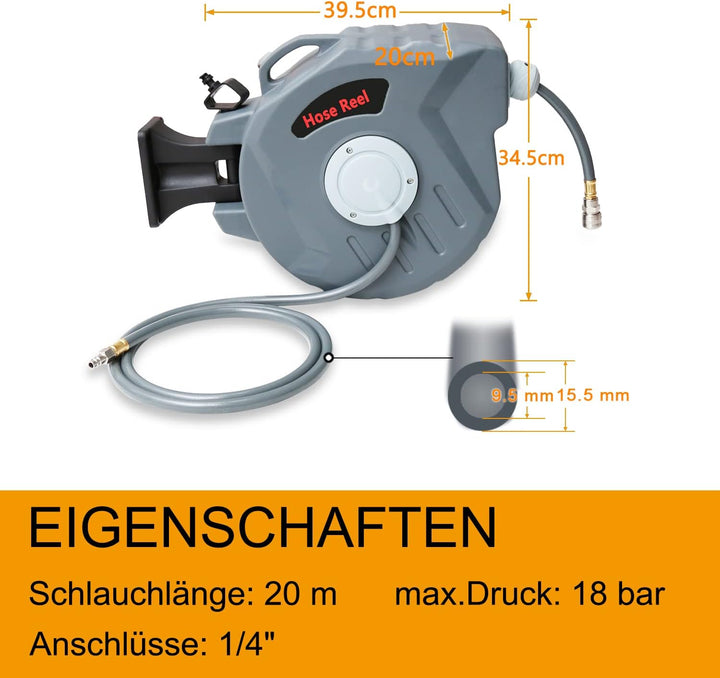 Druckluftschlauch Aufroller automatisch 20m, 1/4" Anschluss, Schlauchaufroller Schlauchtrommel Wands