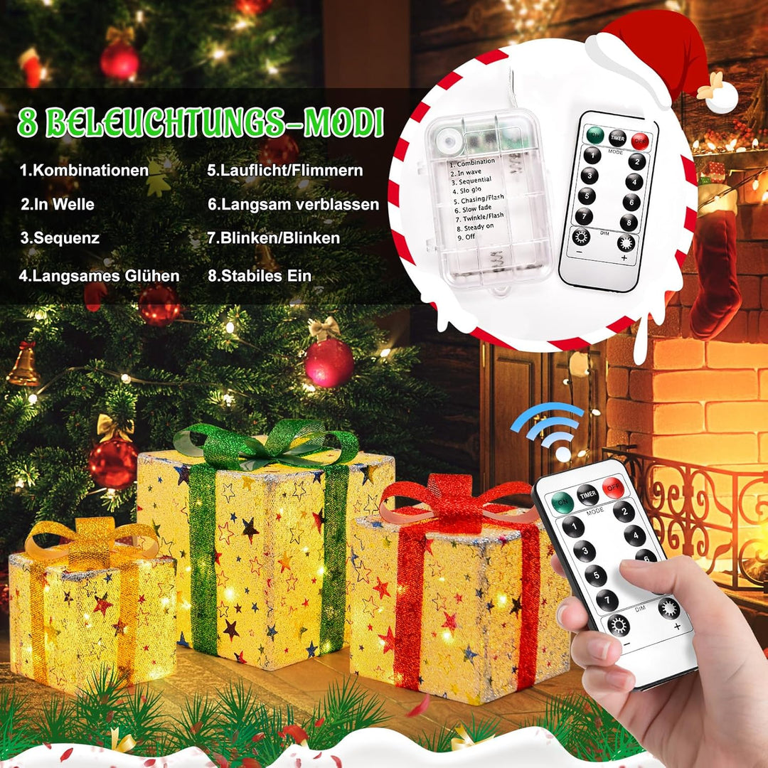 JONRRYIN LED Geschenkbox Weihnachten, 3er Set LED Deko Geschenkbox mit Fernbedienung, Timer, 8 Blitz