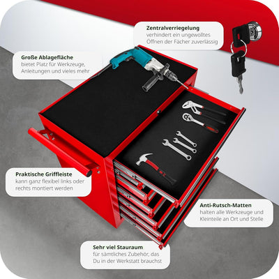 tectake Werkzeugwagen, Werkstattwagen, rollende Werkstatt, Werkzeugwagen leer, Werkzeugbox, 7 Schubf