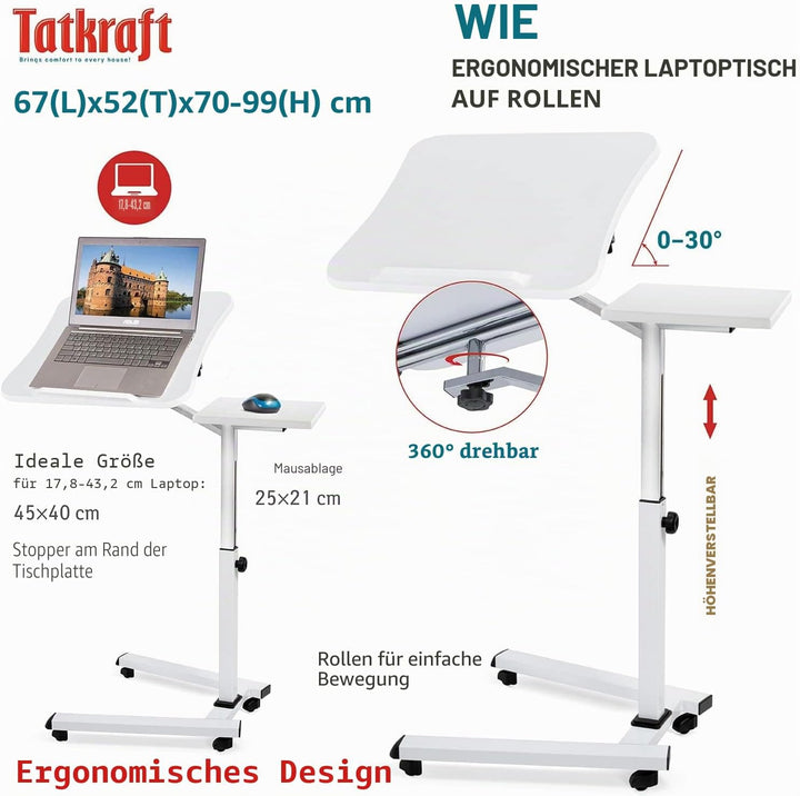 Tatkraft Like Laptop Ständer auf Rollen, Laptoptisch Höhenverstellbar Stehpult, Bett Beistelltisch W
