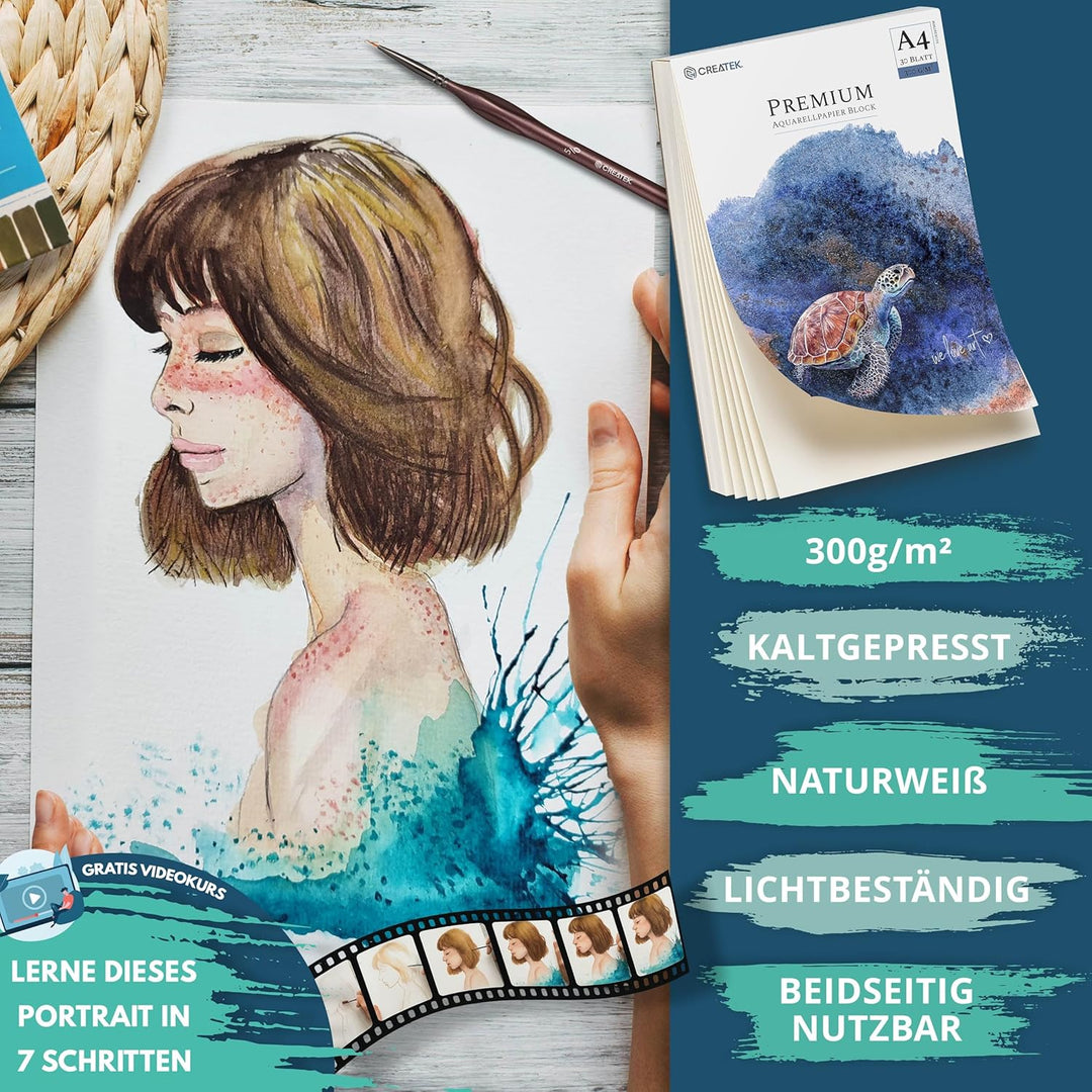 CreaTek Aquarellpapier A4 300 g Einschliesslich 2-Stunden-Videokurs 30 Blatt Aquarellblöcke + 2 Pins
