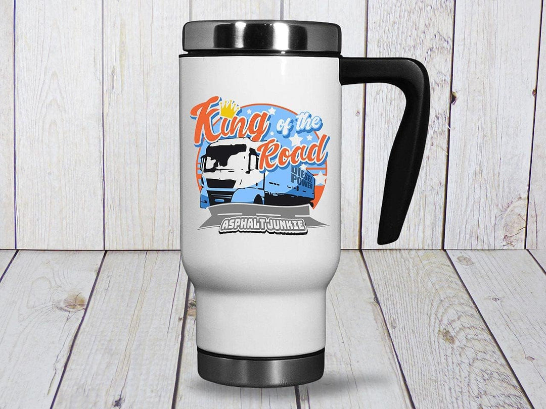 Trucker 'King of the Road' Thermobecher – Isolierter Edelstahl Reisebecher 470ml, Spülmaschinenfest,