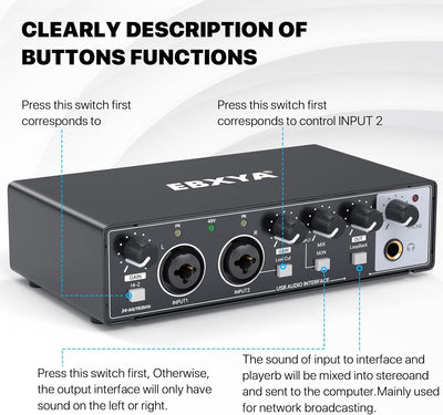 USB Audio Interface, EBXYA 24-Bit/192 kHz USB Soundkarte für Mac, PC, Phone, Mit MIC/XLR/Line Eingän