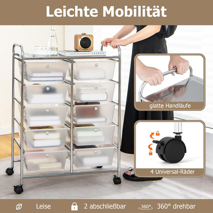 GOPLUS Rollwagen mit 10 Schubladen stapelbar, Rollcontainer mit Ablage & Metallgestell, Badregal, Au