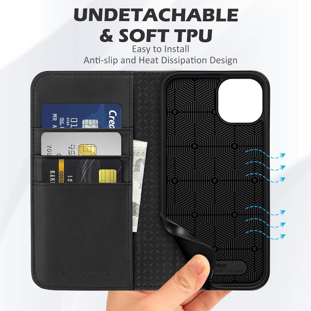 SHIELDON Hülle für iPhone 15 Plus, 5G Handyhülle [Echtleder] [Kartenfach] [Magnet] [Standfunktion] [