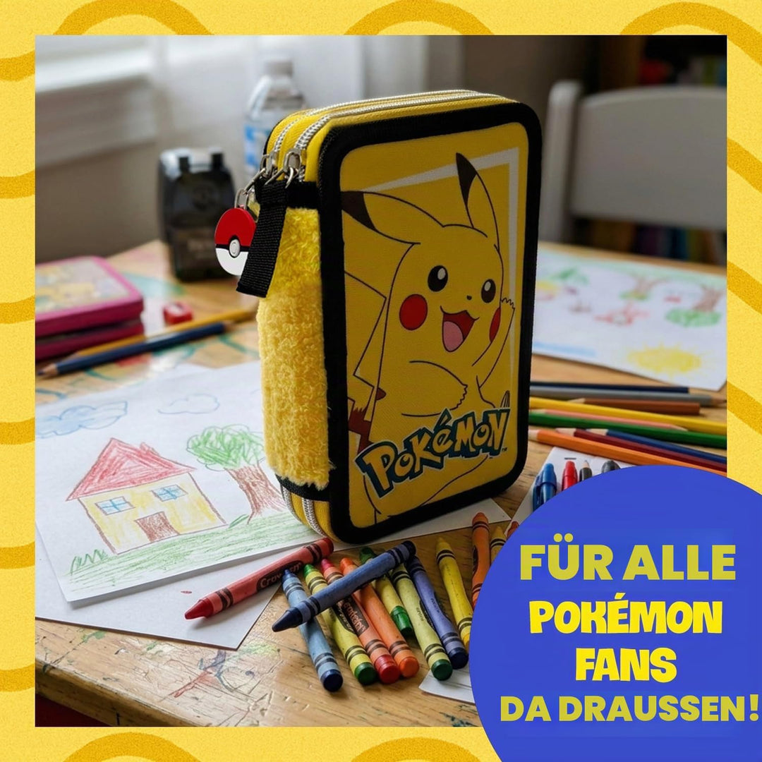 Pokémon Pikachu Federmäppchen mit Doppel-Fach – Komplettes Schulmäppchen mit Buntstiften, Filzstifte