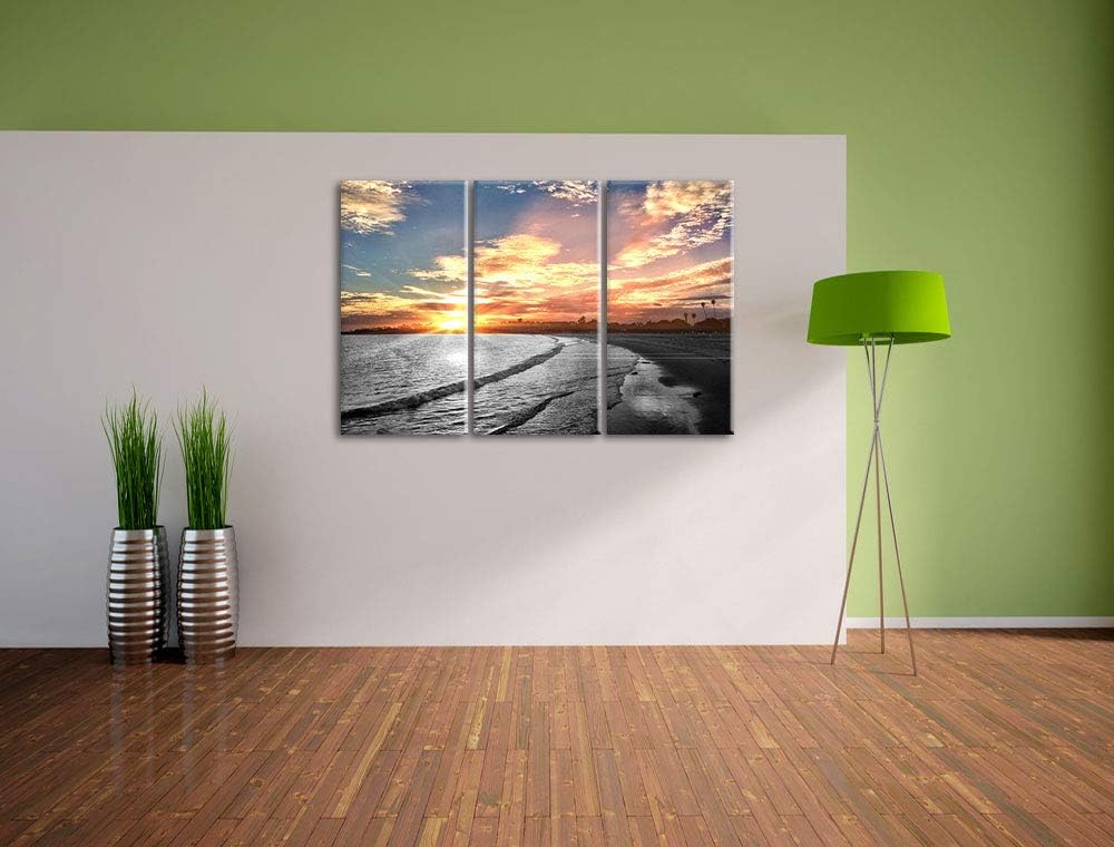 Pixxprint Strand bei Sonnenuntergang als Leinwandbild | Grösse: 3 Teilig (120x80) | Wandbild| Kunstd