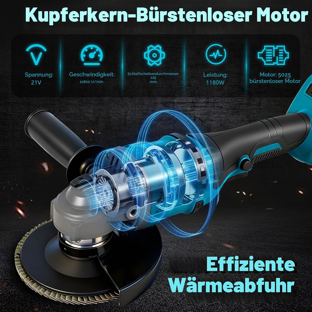 Winkelschleifer Kompatibel mit Makita 18V Akkus, Akku Winkelschleifer 125mm, 1180W Akku Flex Bürsten
