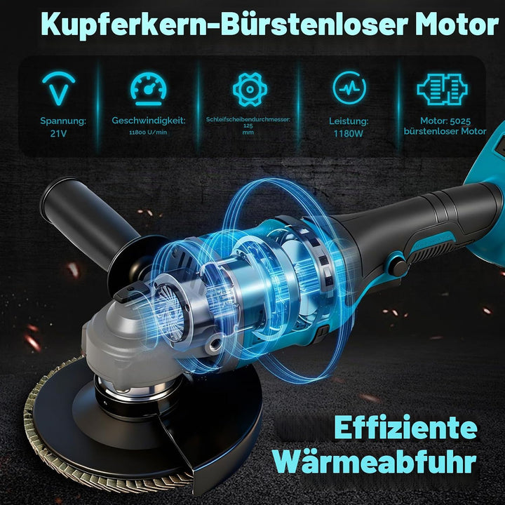 Winkelschleifer Kompatibel mit Makita 18V Akkus, Akku Winkelschleifer 125mm, 1180W Akku Flex Bürsten