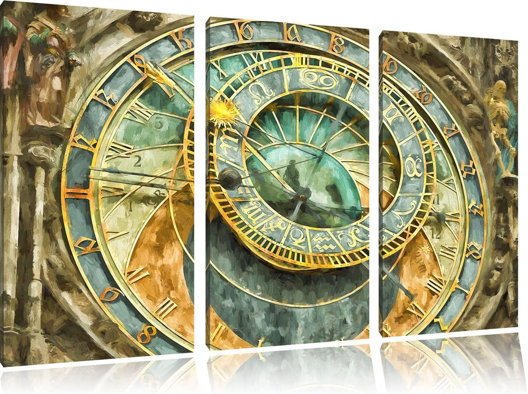 Pixxprint Prager Rathausuhr Pinsel Effekt 3-Teiler Leinwandbild 120x80 Bild auf Leinwand