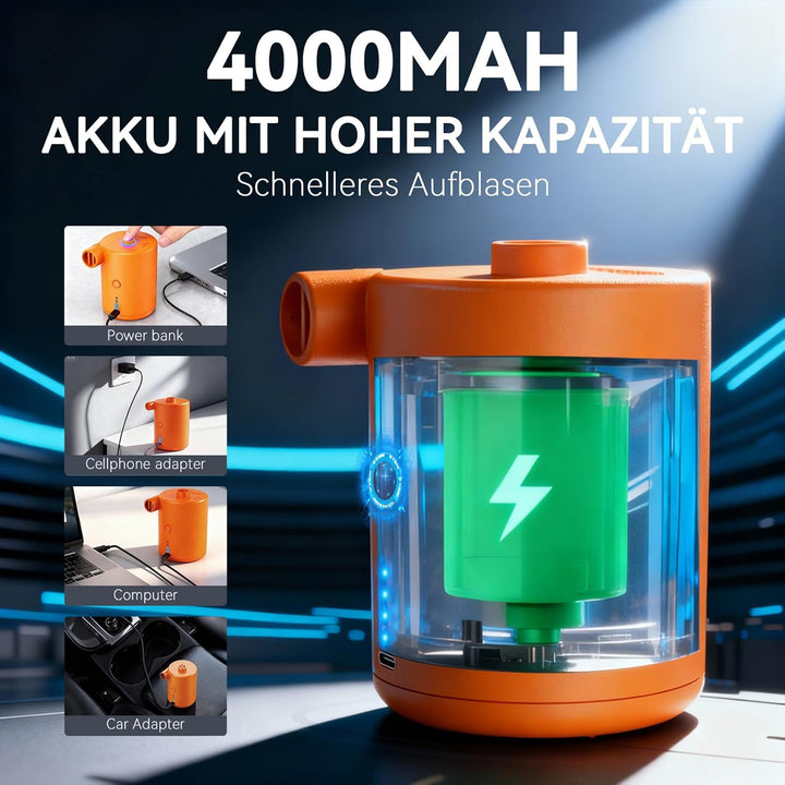 Elektrische Luftpumpe, 4000mAh Akku Pumpe mit 3 Düsen,Wiederaufladbare Luftpumpe,Schnellem Aufblasen