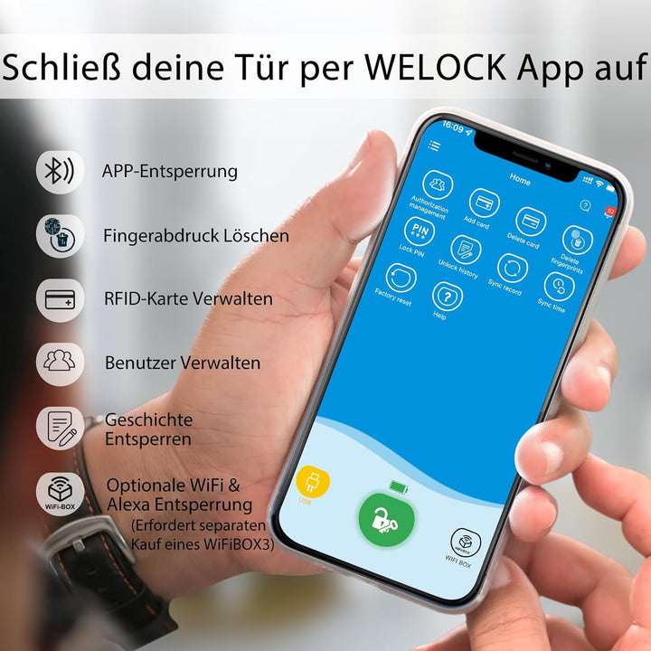 WELOCK SECBNEBL51 Fingerabdruck Schloss,Elektronisches Türschloss mit RFID Karte Bluetooth WiFi für
