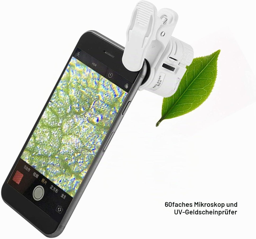 Handy-Mikroskop 60X Digitalmikroskop mit LED UV Licht HD Optische Linse 180° Mini Clip für Smartphon