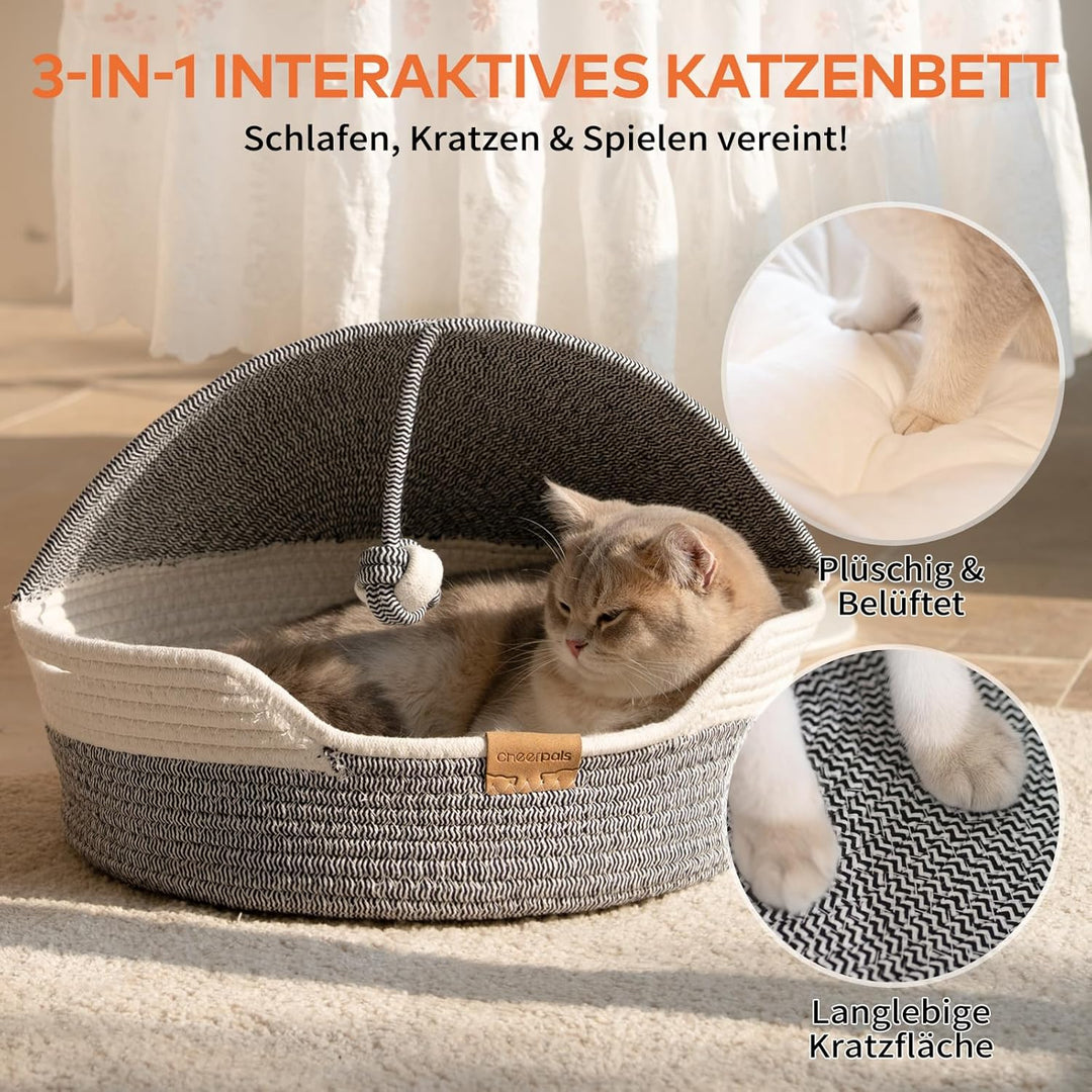 CheerPals Katzenbett Geflochten & Katzenhöhle mit Deckel – Formstabiler Katzenkorb aus Kratzfestem G