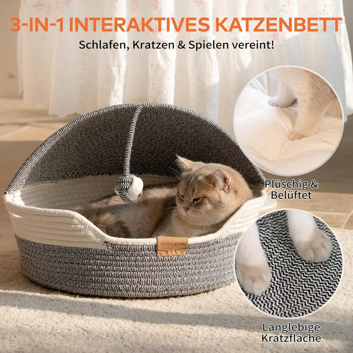 CheerPals Katzenbett Geflochten & Katzenhöhle mit Deckel – Formstabiler Katzenkorb aus Kratzfestem G