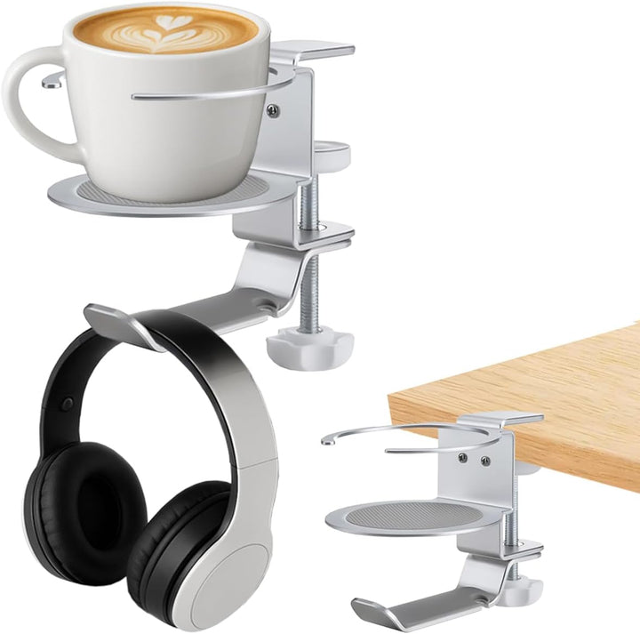 Spacetronik 2-in-1 Headset Halterung & Getränkehalter Tisch – Schwenkbarer Kopfhörer Halter mit Kabe