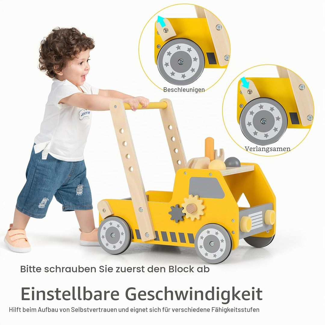 LIFEZEAL Holz Lauflernwagen, Lauflernhilfe in LKW-Form mit 4 Rädern & Bremse, Multifunktion Holzspie
