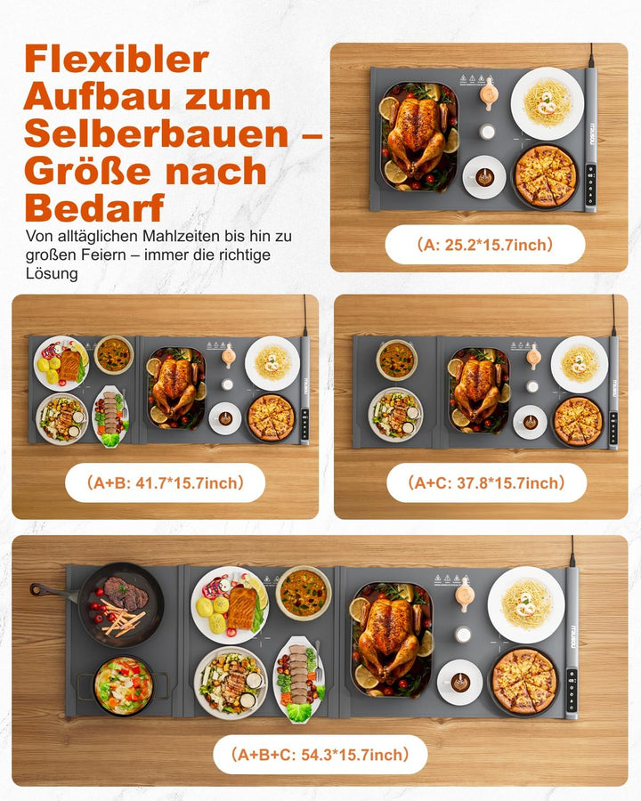 Erweiterbare Speisewärmerplatte 137x40 cm – Warmhalteplatte mit 7 Temperaturstufen, umschaltbar ℃/℉,
