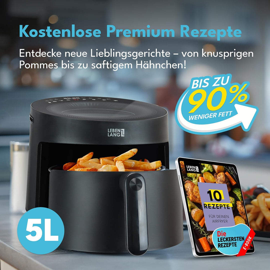 LEBENLANG Heissluftfritteuse 5L & 1500W - Inkl. Rezeptbuch & 8 Programme I Ölfreie & Fettfreie Frite