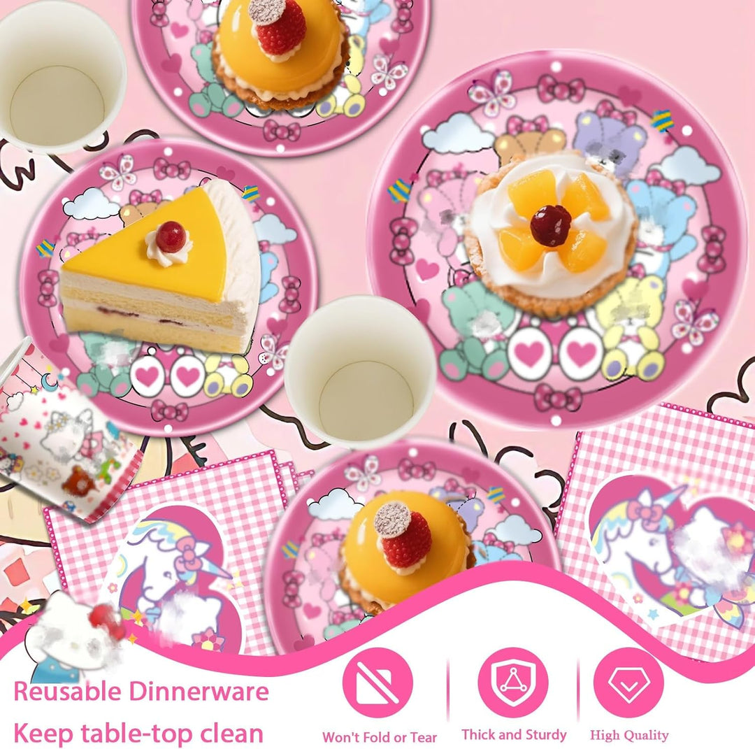 Katzen Luftballons Geburtstagsdeko, 99PCS Pink Partygeschirr Set Deko Geburtstag Pappteller Kinderge