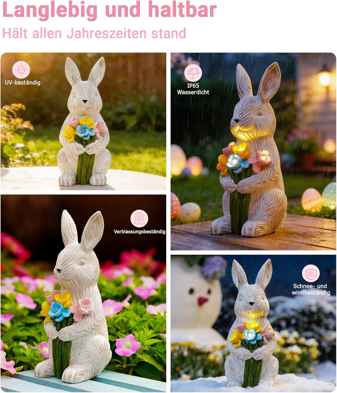 Yeomoo Kaninchen Figuren mit Blumen Solarlampen Gartendeko Deko Zimmer - Lustige Hase mit Solarleuch