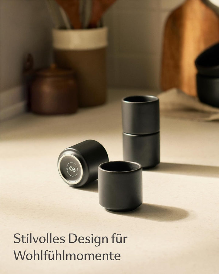 Cosumy Espressotassen Set 4er Schwarz - Espresso Tassen Set ohne Henkel | Stapelbar &amp; Dickwandig - 8